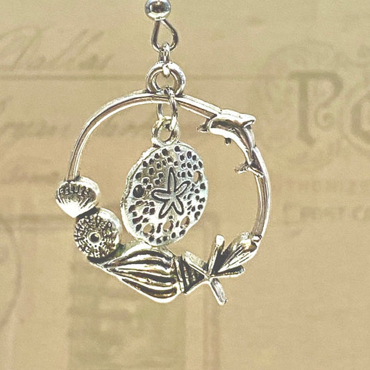 Silver dolphin wreath dangle earrings