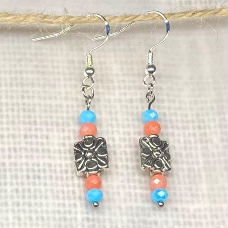 Facet Bead Dangle Earrings - Coral and Silver Dangle Jewelry