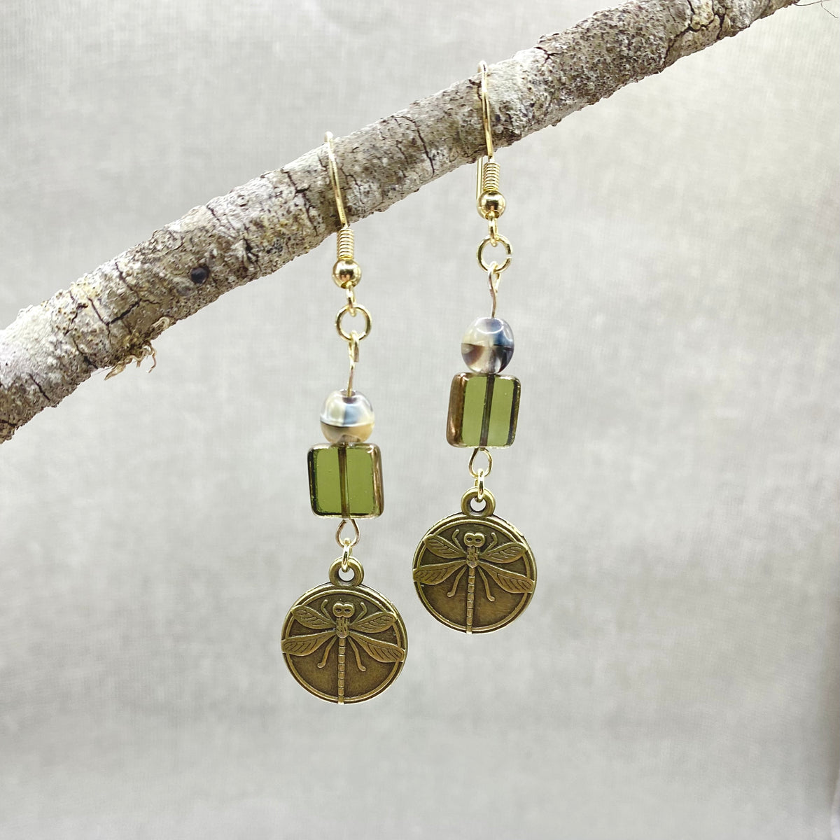 Glass Bead and Dragonfly Charm Earrings – Olive Green Glass, Bronze and Gold Dangle Jewelry