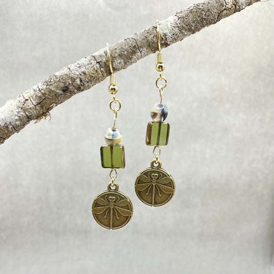 Glass Bead and Dragonfly Charm Earrings – Olive Green Glass, Bronze and Gold Dangle Jewelry