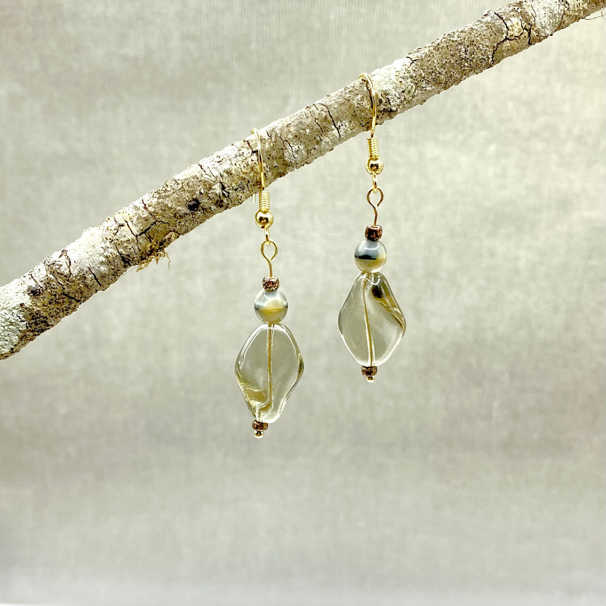 Glass Drop Earrings – Smoky glass and gold dangle