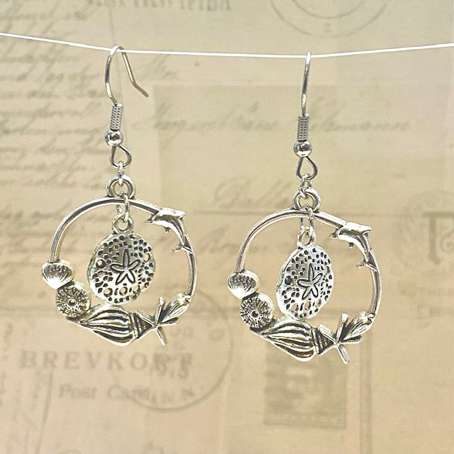 Silver dolphin wreath dangle earrings