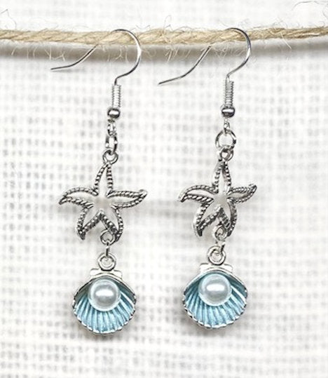 Starfish and Seashell Earrings with Pearl Accent | Coastal Jewelry