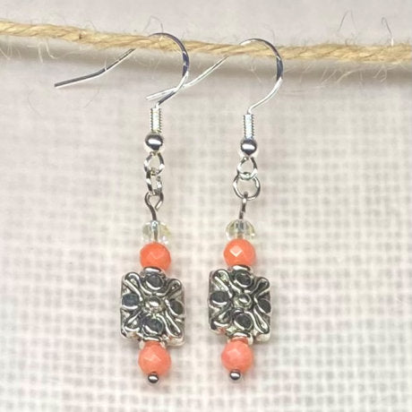 Facet Bead Dangle Earrings - Coral and Silver Dangle Jewelry