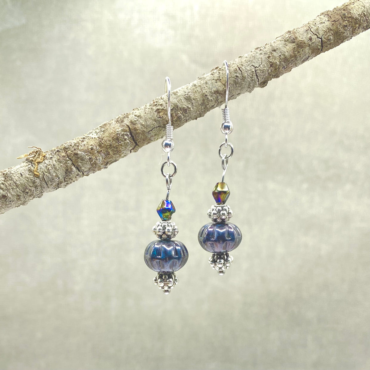 Glass and Silver Bead Earrings – Deep blue and silver vintage inspired