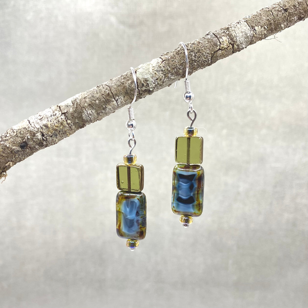 Glass Bead Drop Earrings-Olive Green & Blue Boho Casual Jewelry