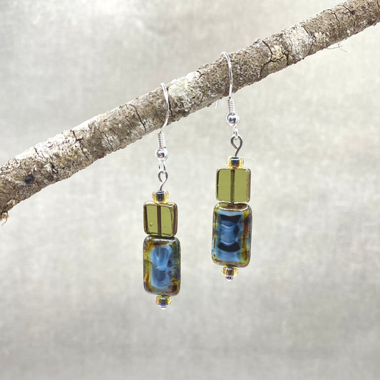 Glass Bead Drop Earrings-Olive Green & Blue Boho Casual Jewelry
