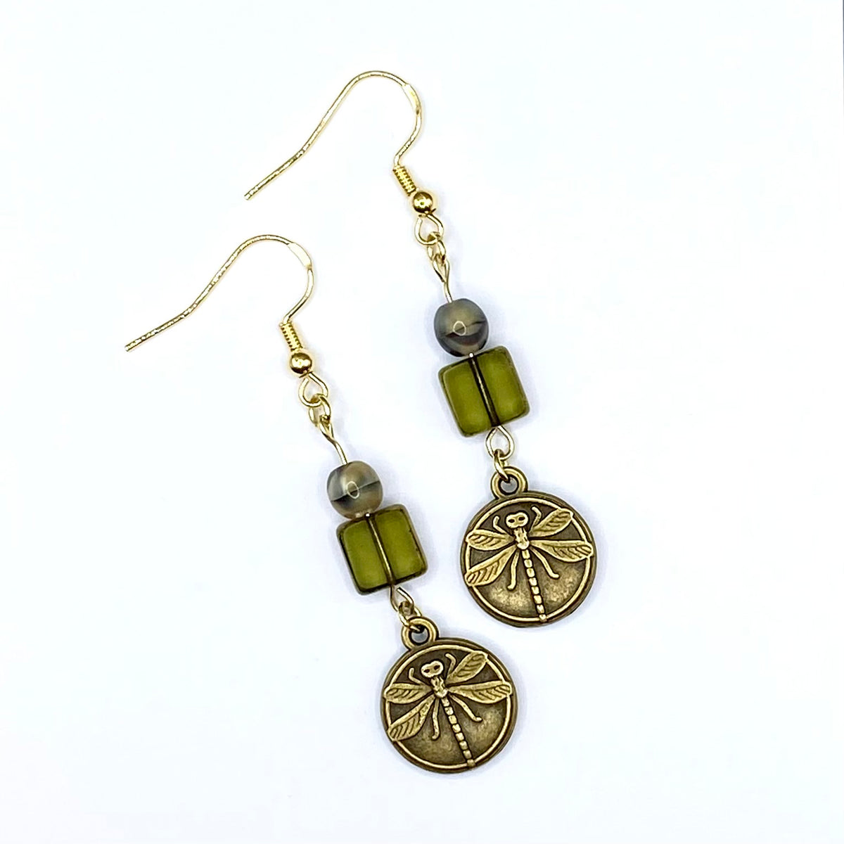 Glass Bead and Dragonfly Charm Earrings – Olive Green Glass, Bronze and Gold Dangle Jewelry